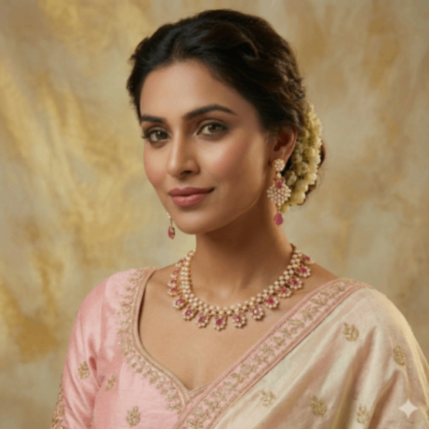 Elegant Gold-TToned Pearl & Ruby Choker Necklace Set with Matching Earrings - view 2